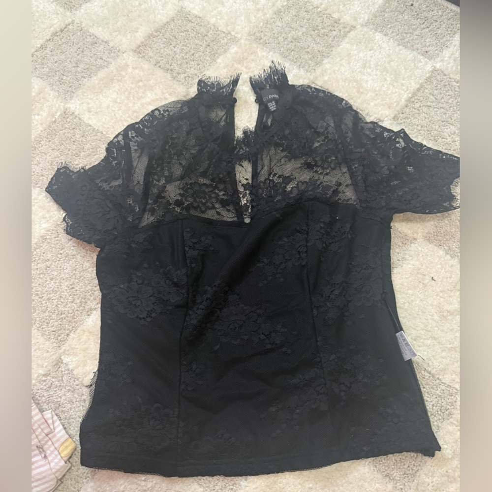 Black Lace Short Chemise with Sheer Floral Yoke